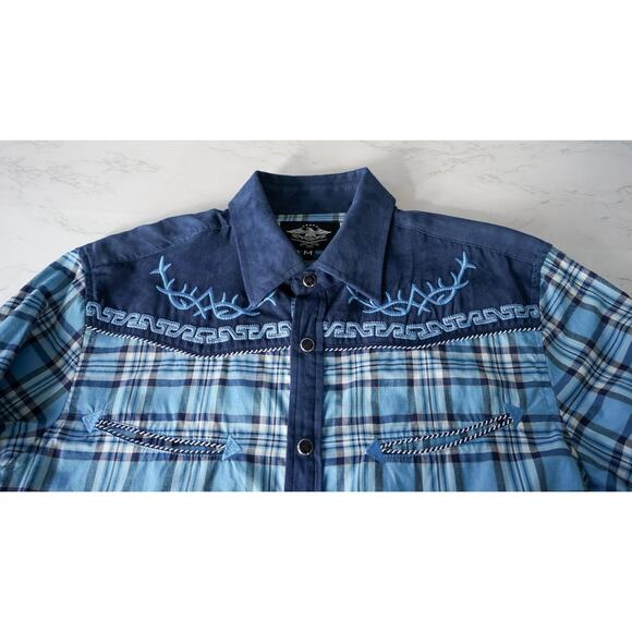 El General Men Embroidered Plaid Western Pearl Snap Button Shirt M Cowboy Rodeo - Picture 4 of 16